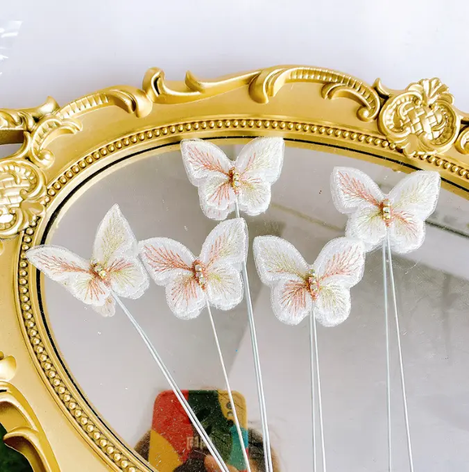 5 pcs fabric white studded butterfly topper with floral wires