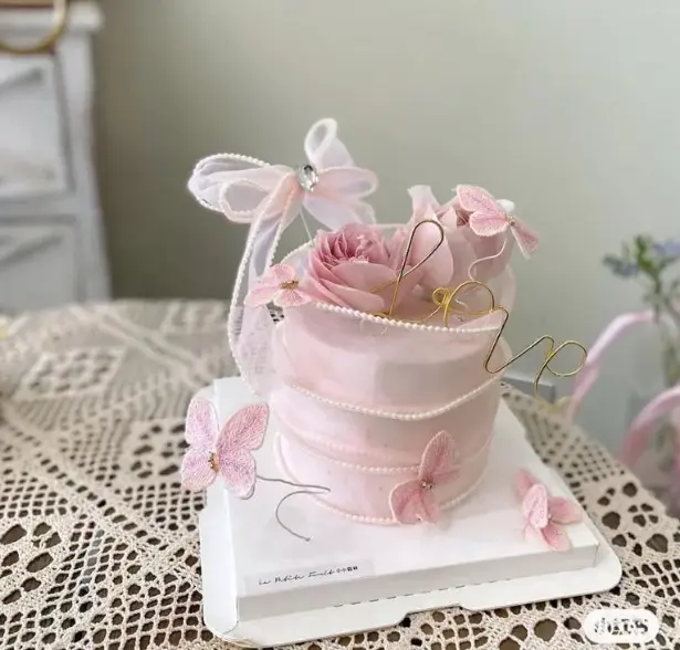 5 pcs fabric light pink studded butterfly topper with floral wires