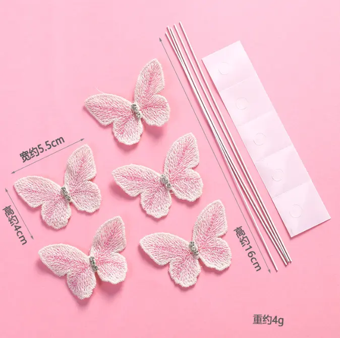 5 pcs fabric light pink studded butterfly topper with floral wires