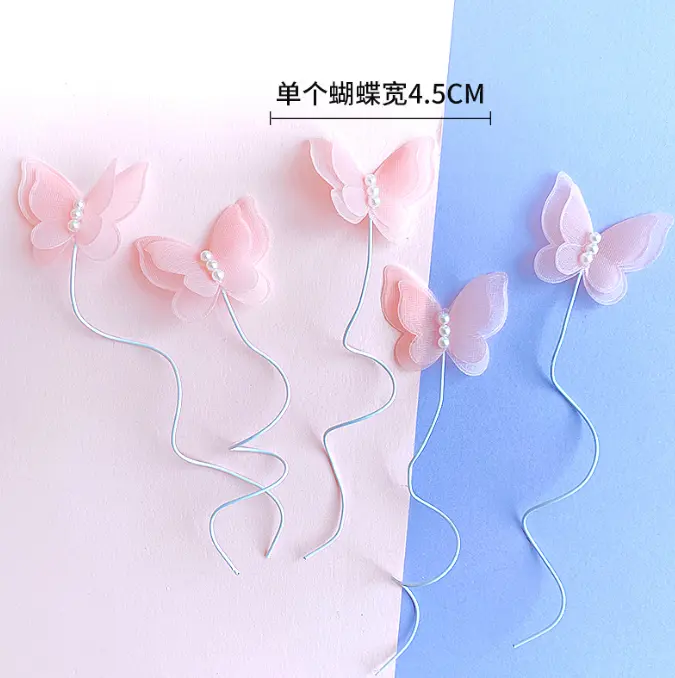 5 pcs fabric pearl studded butterfly topper with floral wires