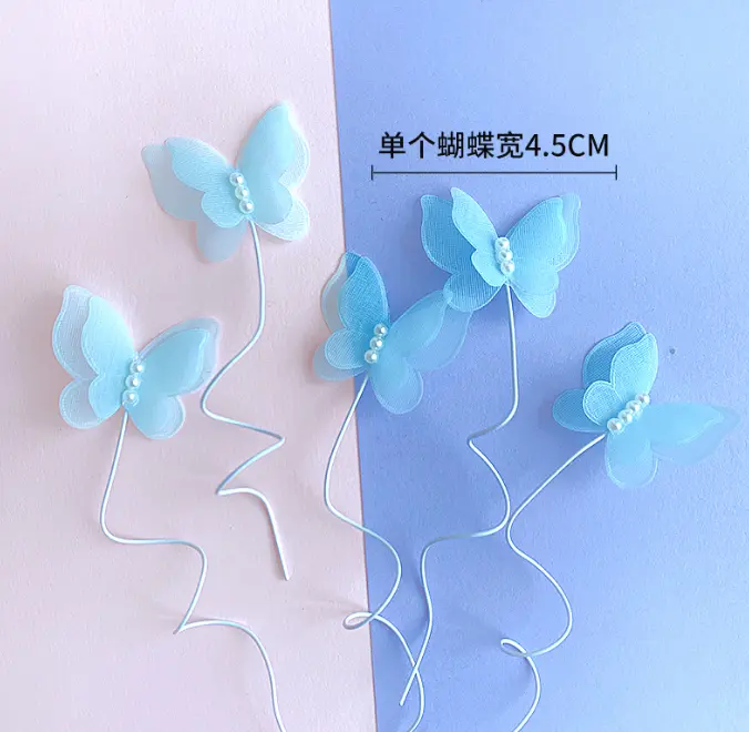 5 pcs fabric pearl studded butterfly topper with floral wires