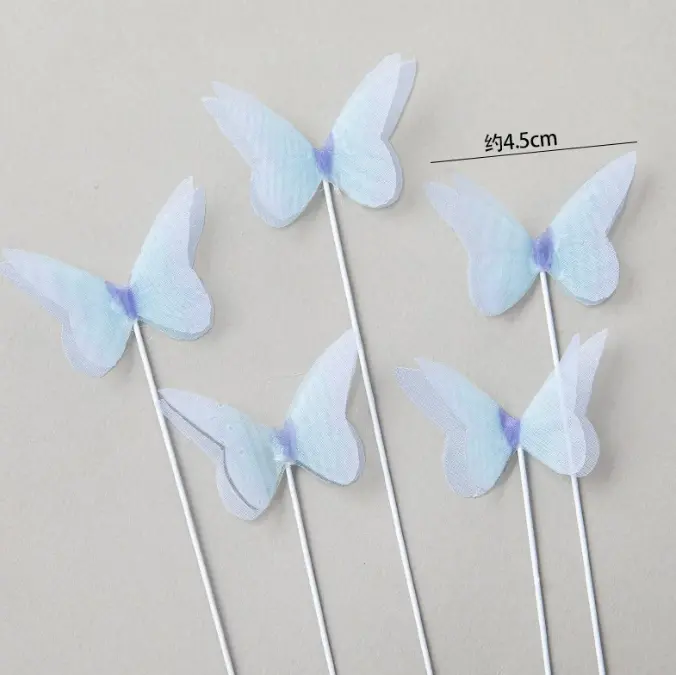 5 pcs fabric pastel Blue butterfly topper with floral wires