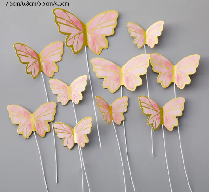 10 pcs Paper pink with golden border butterfly topper set