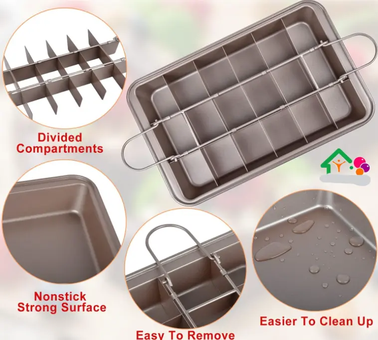 Non Stick Brownie Pan with Dividers 18 Pre-slice Carbon Steel Bakeware Tray with Grips for Oven 12X8X2''