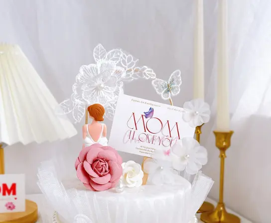 4 pcs fabric flower with pearl cake topper