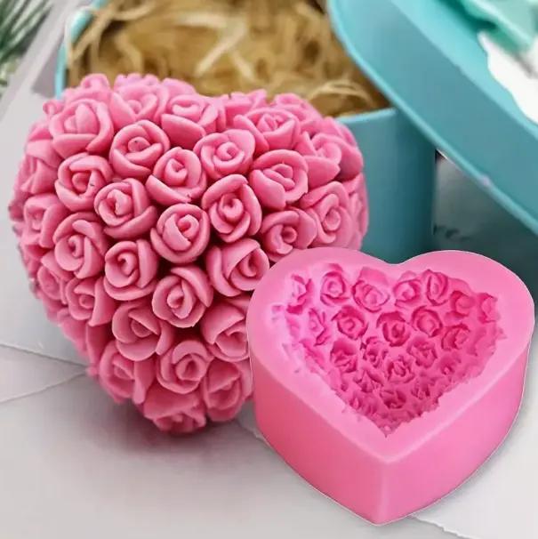 3D Rose theme heart shaped silicone mould