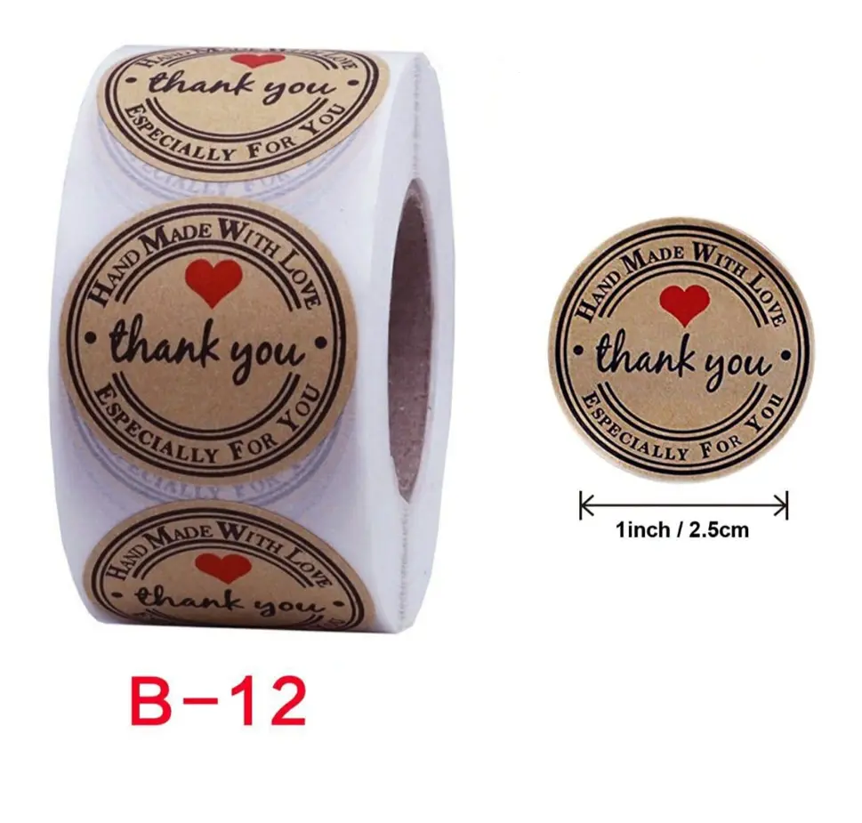 Thank you handmade with love with red red heart Stickers Roll 1 Inch diameter 500 sticker roll