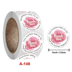 Pink and white Thank you Stickers Roll 1 Inch diameter 500 sticker roll