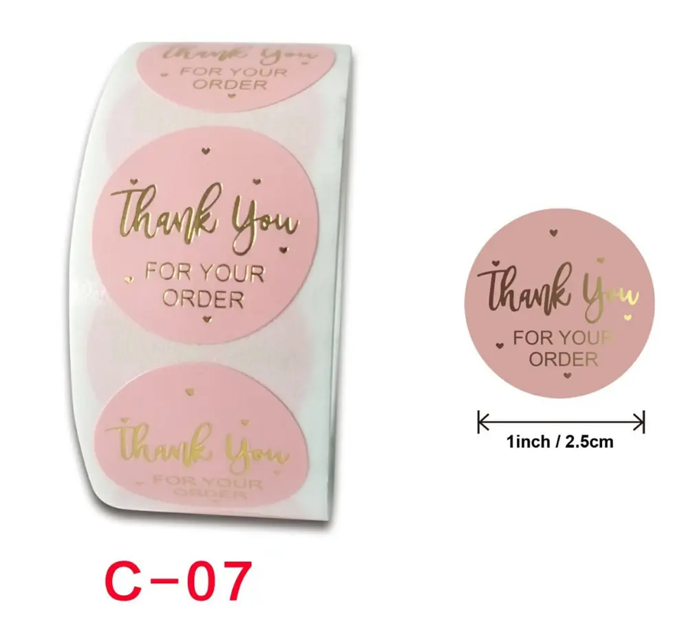 Pink thank you for your Order in golden foil Stickers Roll 1 Inch diameter 500 sticker roll