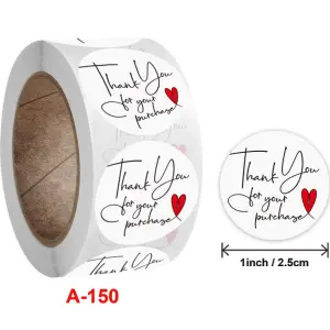 Thank You for purchase with red heart Stickers Roll 1 Inch diameter 500 sticker roll