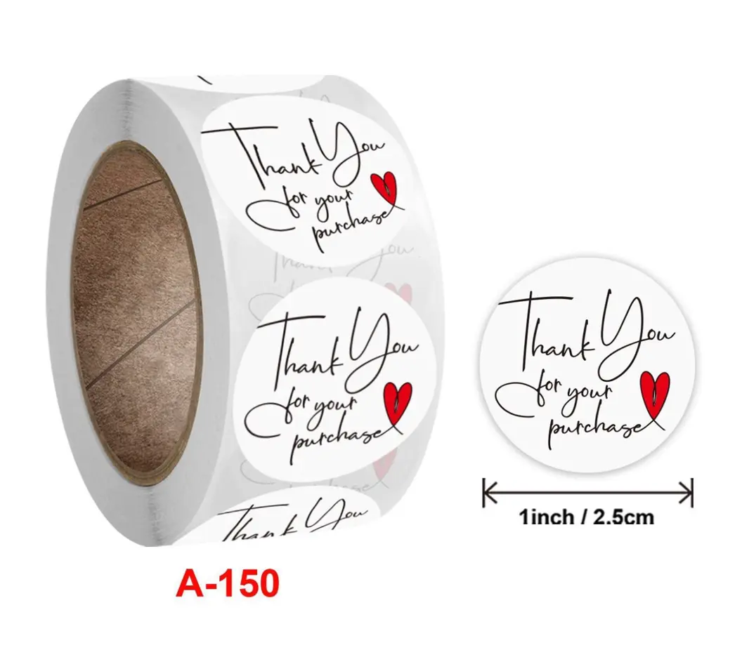 Thank You for purchase with red heart Stickers Roll 1 Inch diameter 500 sticker roll