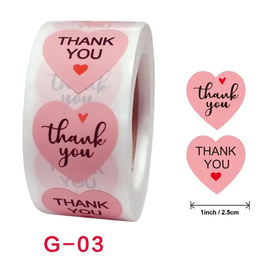 Pink heart shape Thank you Stickers Roll 1 Inch diameter 500 sticker roll
