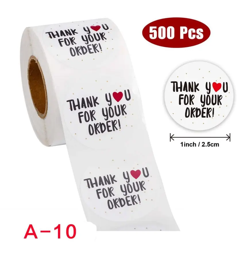 White Thank You for you order Stickers Roll 1 Inch diameter 500 sticker roll