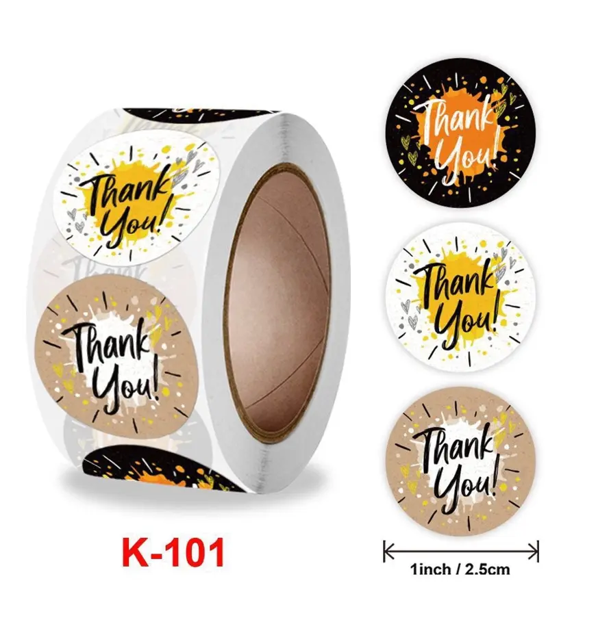 Colorful 3 different Thank you Stickers Roll 1 Inch diameter 500 sticker roll
