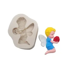 Cute Angel with wings holding rose silicone mould