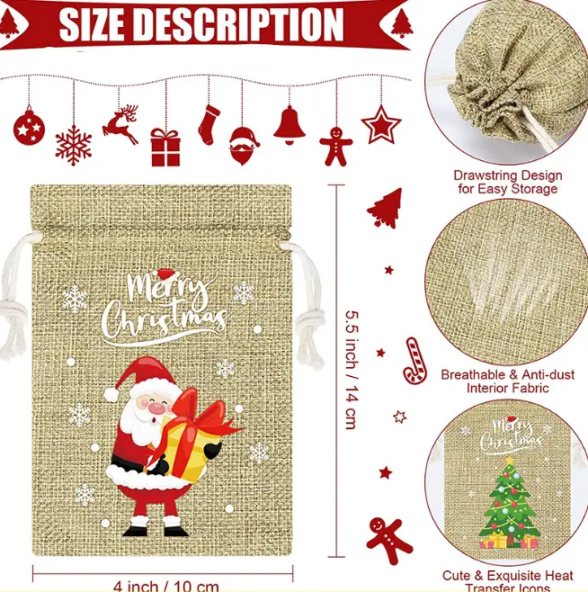 5 pcs Jute Christmas theme Jute Gift pouch STYLE 1 (10 X 14 cm)