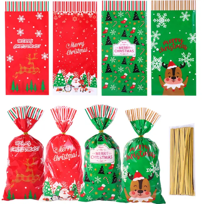 4 Mixed Design Christmas Loaf / Candy / cookies Bags with golden ties (1 PACK =50 pcs) STYLE 14