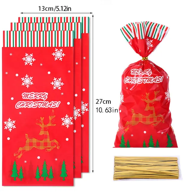 4 Mixed Design Christmas Loaf / Candy / cookies Bags with golden ties (1 PACK =50 pcs) STYLE 14