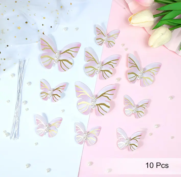 10 pcs Paper Butterfly with pearl detail topper set (Light Pink)