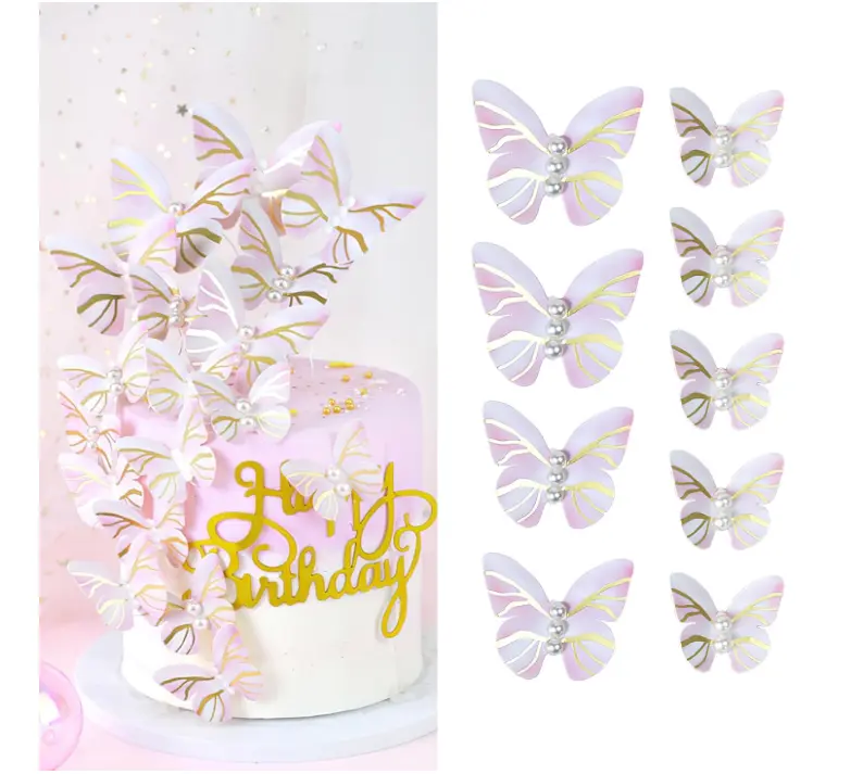 10 pcs Paper Butterfly with pearl detail topper set (Light Pink)