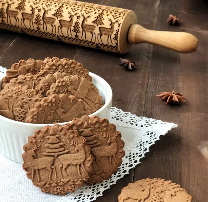 Reindeer Christmas tree Christmas theme Wooden Rolling Embossed Rolling Pin