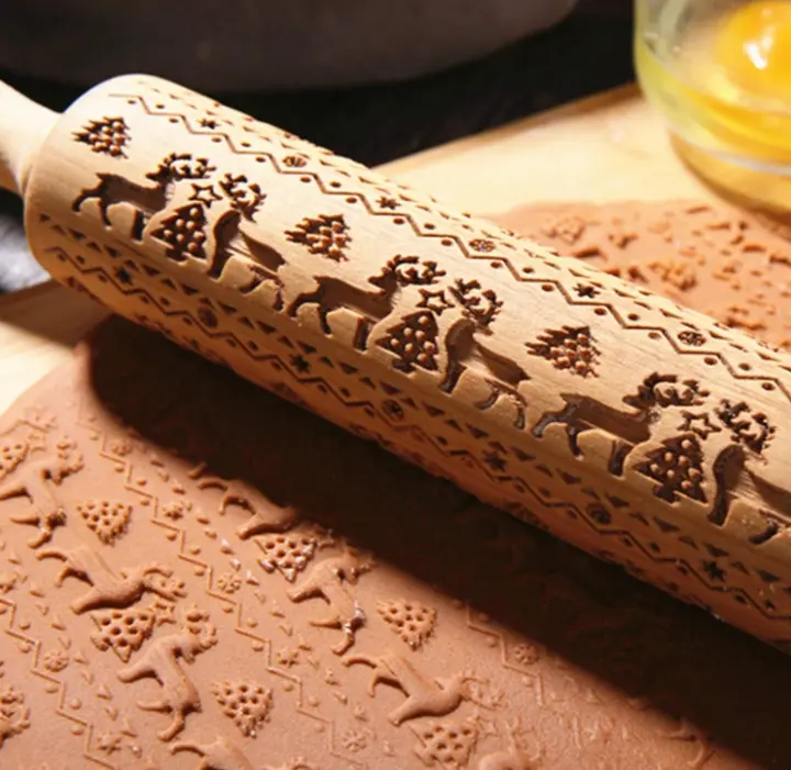 Reindeer Christmas tree Christmas theme Wooden Rolling Embossed Rolling Pin