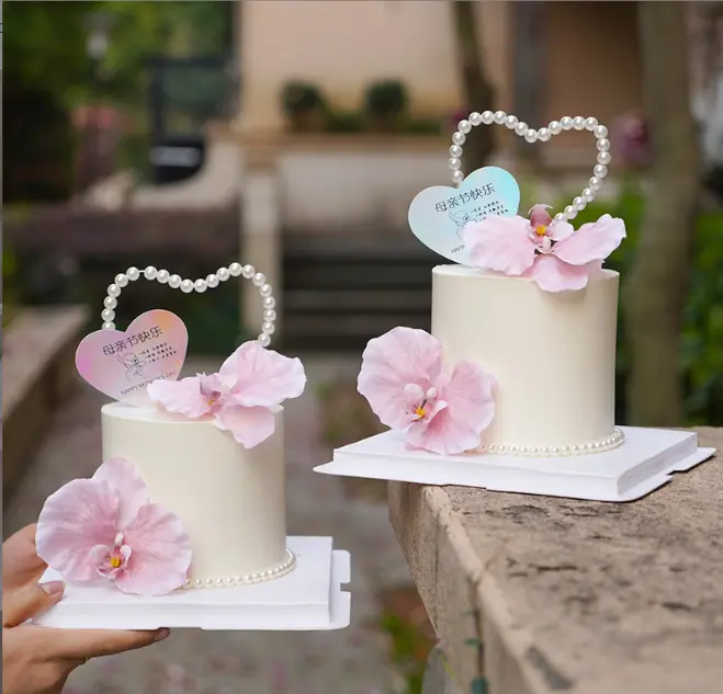 2 pcs Pink Large and small Orchid artificial flower cake topper Set