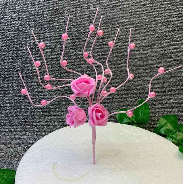 1 pcs Pink Artificial Pearl Blossoms Flower Stick cake topper