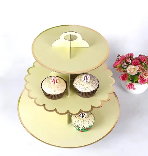 3 Tiers Cupcake Stand Gold Rim Paper Cake Holder Cupcake stand ( yellow)