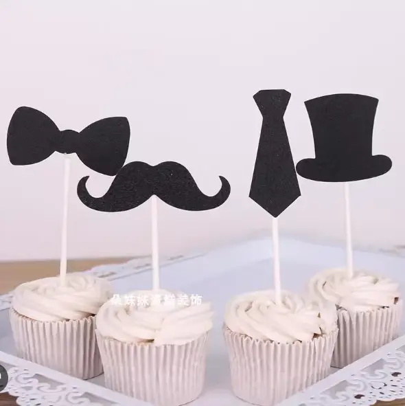 4 pcs Hat Tie Bow and mustache cake topper set