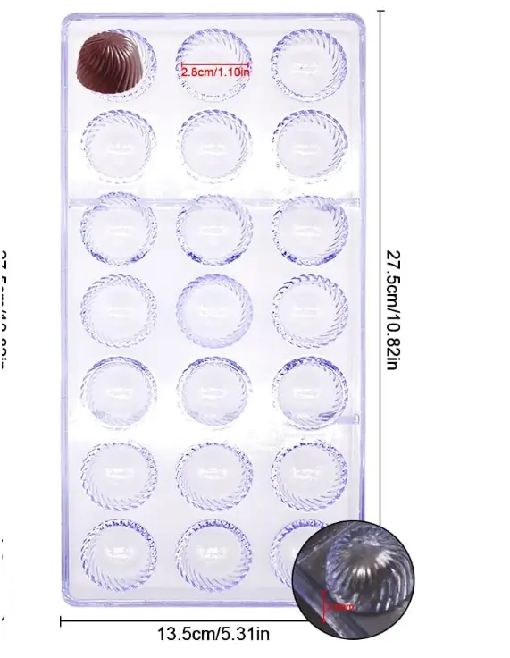 21 Cavity Spiral Semicircle Shape Polycarbonate Chocolate Mould