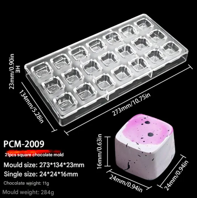 21 Cavity Curved Square Shape Polycarbonate Chocolate Mould