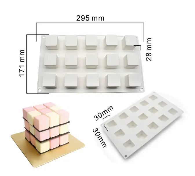 15 Cavity 3D Square Silicone Mould 3 x 3 x 3 CM Mousse Cake Dessert Molds for Cheesecake/Jelly/Brownie/Soap/Candle