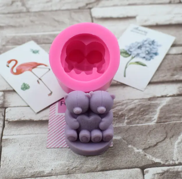3D sweet Heart Couple Teddy Bear Holding heart silicone mould