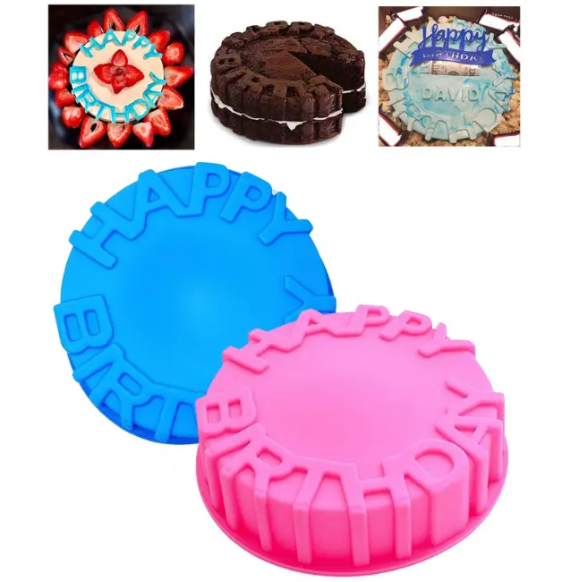 1 Happy Birthday Baking Pan Round Mousse Silicone Mold DIY Cake Baking Tray Tools