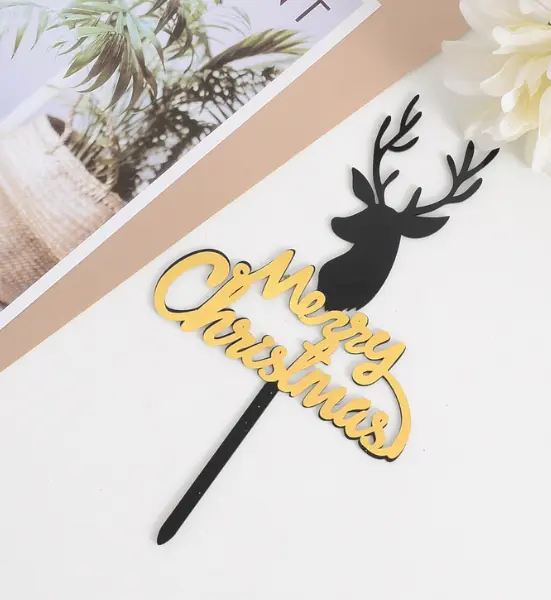 1 pcs Black and Gold Merry Christmas Reindeer theme acrylic cake topper