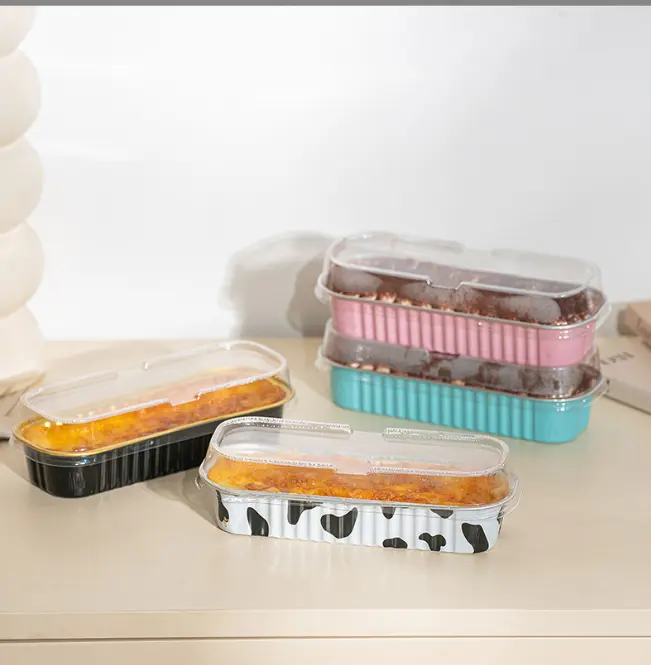 Rectangle Aluminum Tin Foil Bake & Serve Cup with Lid | Aluminium Containers | Non-Stick Foil Baking Container - 5 Pcs Pack (200ml)
