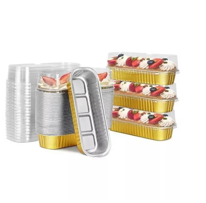 Rectangle Aluminum Tin Foil Bake & Serve Cup with Lid | Aluminium Containers | Non-Stick Foil Baking Container - 5 Pcs Pack (200ml)