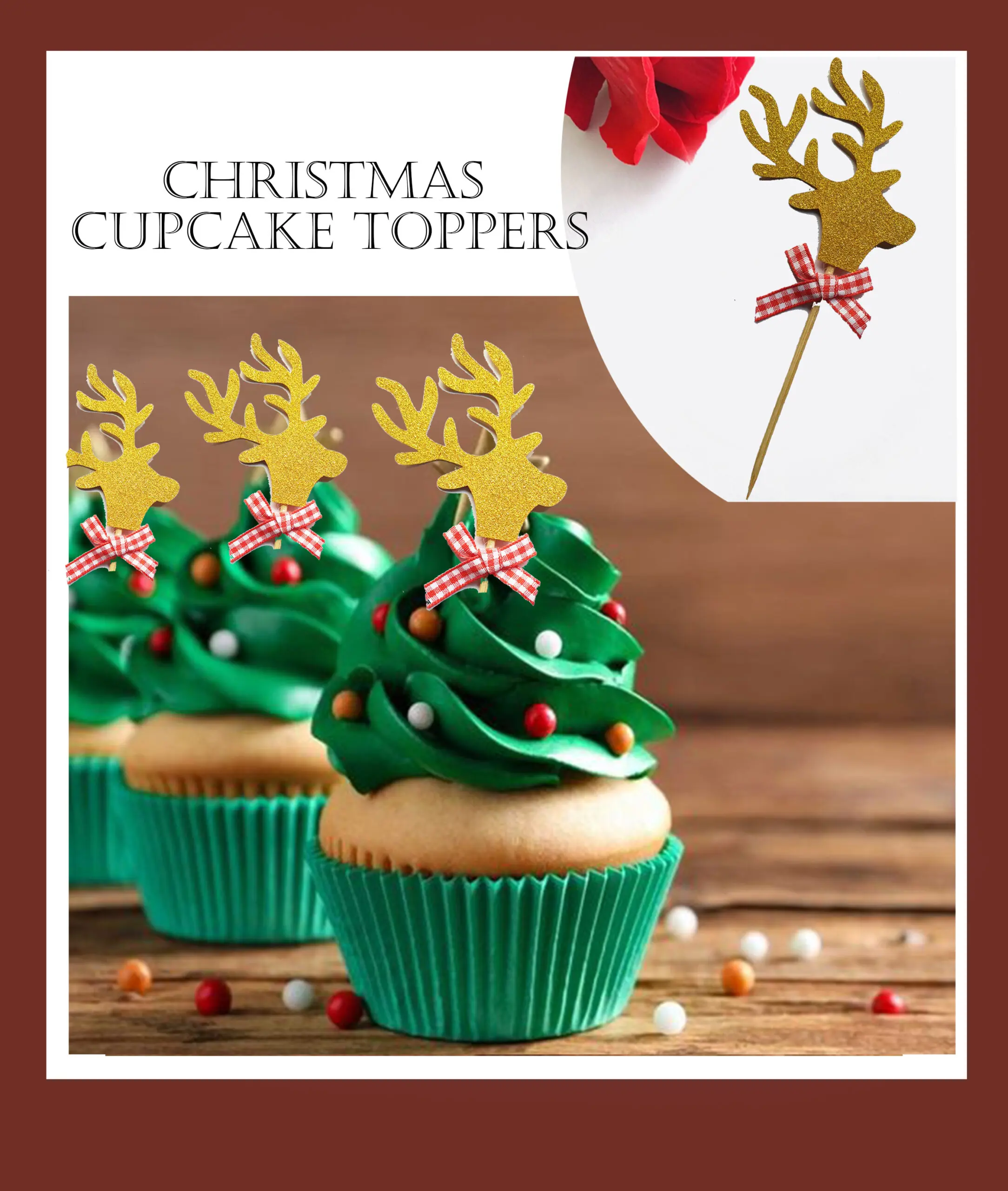 3 pcs Christmas reindeer cupcake topper