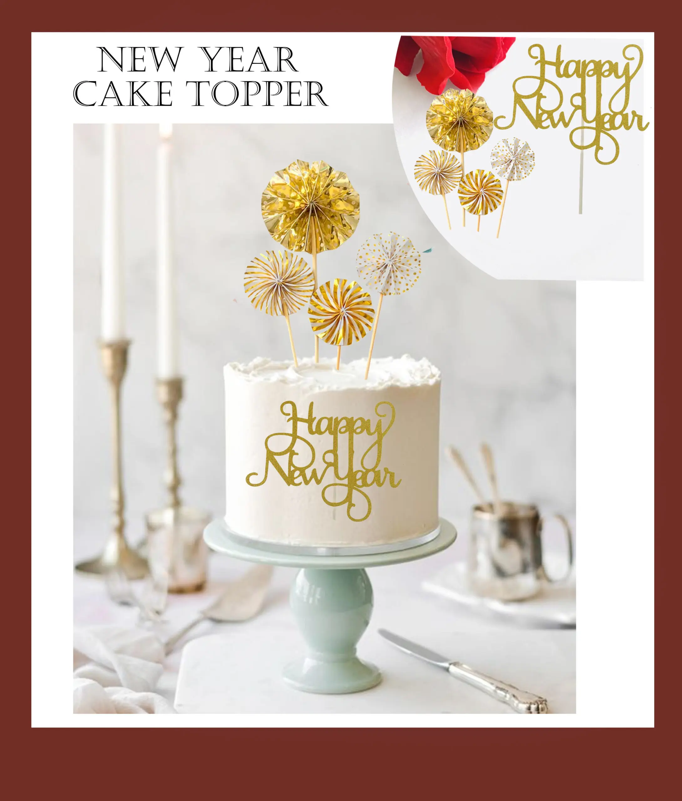 5 pcs set golden fans and happy new year cake topper set
