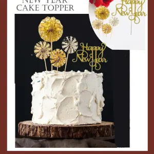 5 pcs set golden fans and happy new year cake topper set