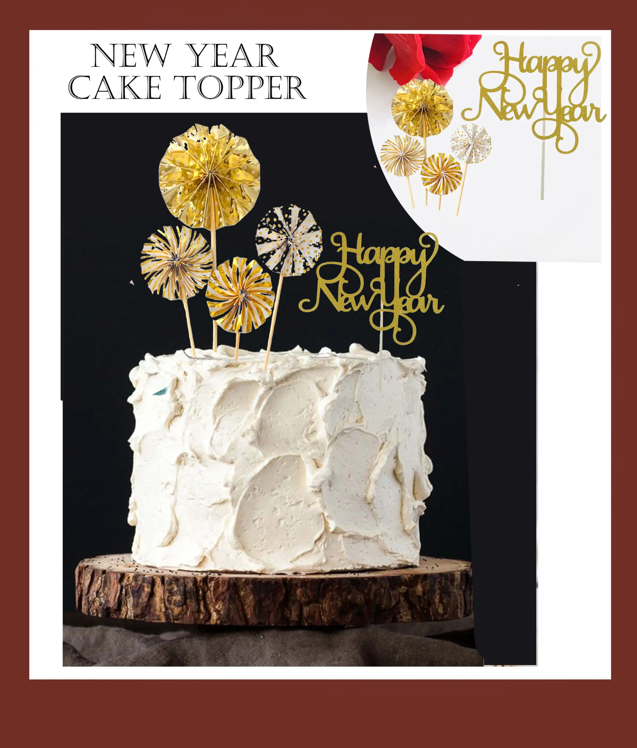 5 pcs set golden fans and happy new year cake topper set