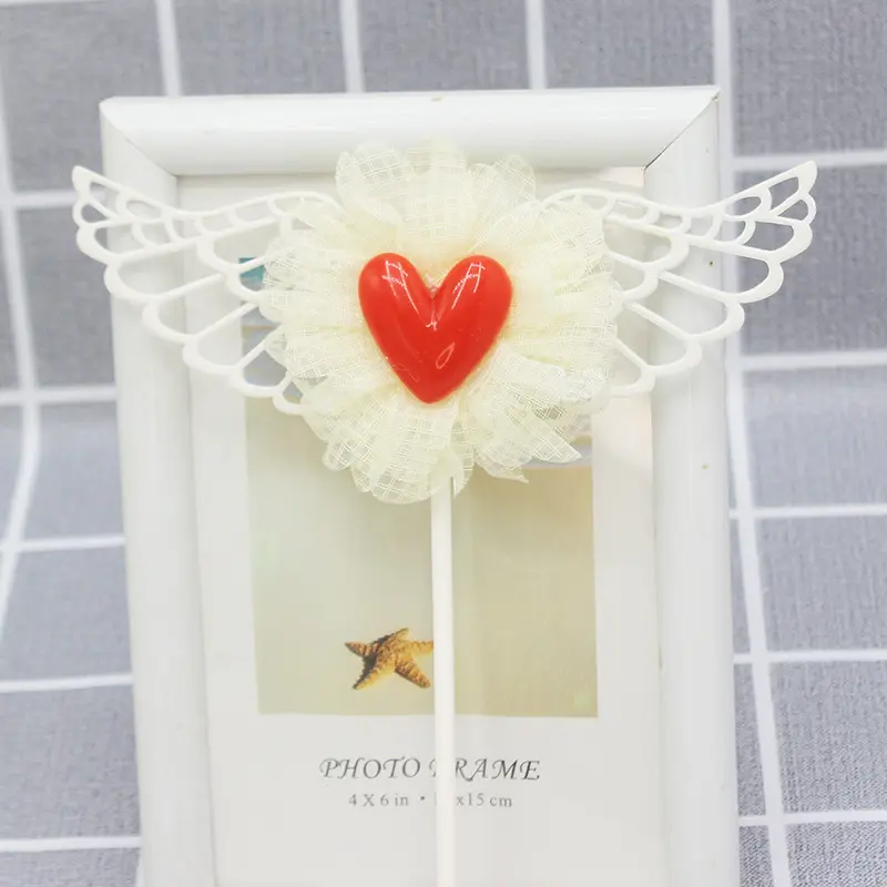 1 pcs red heart with white wings cake topper