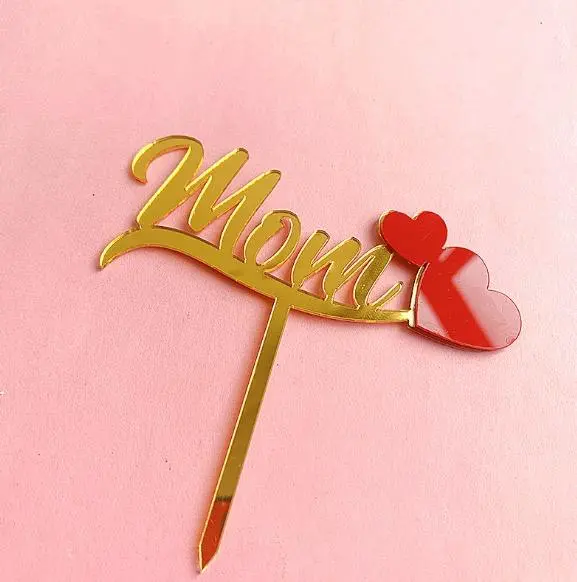 Mom with Red Heart acrylic cake topper