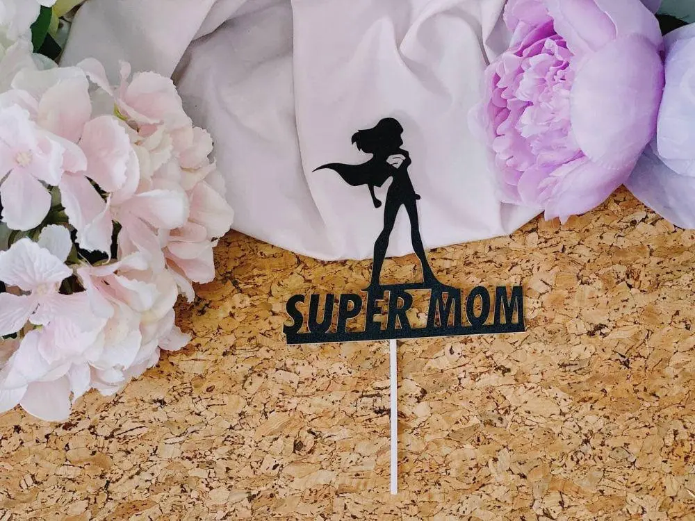 2 pcs Super mom lady black cake topper