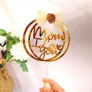 Mom I love you with fabric bow transparent cake topper