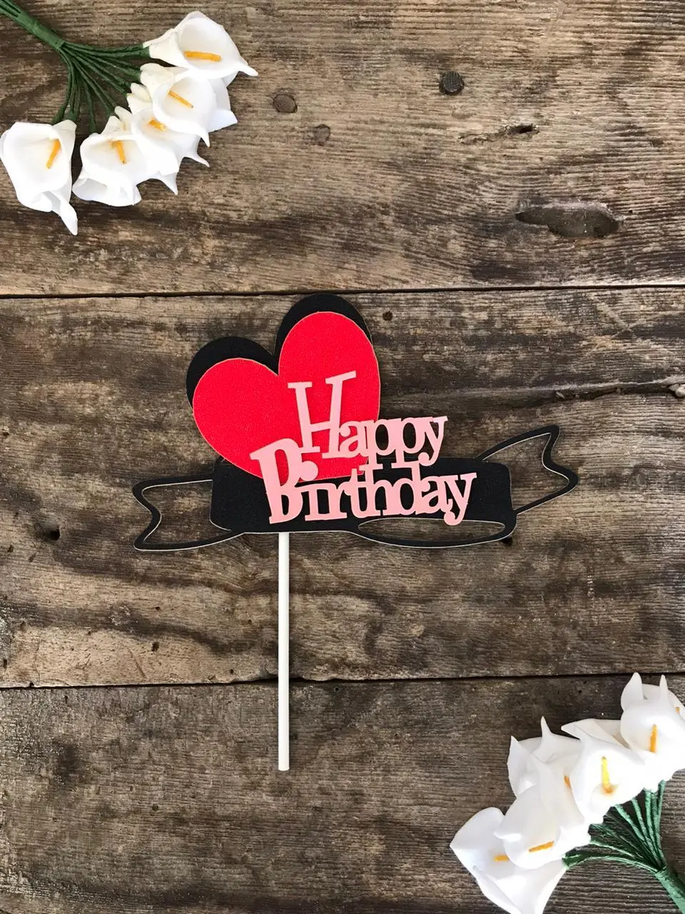 1 pcs happy birthday with double heart cake topper