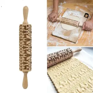 Embossed Reindeer Christmas theme wooden rolling pin